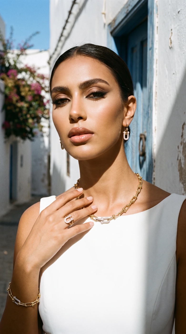 The same chain set on a model in a white dress, blue door behind